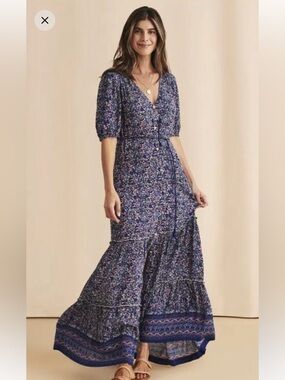 Faherty Navy Floral Maxi Dress Size Medium